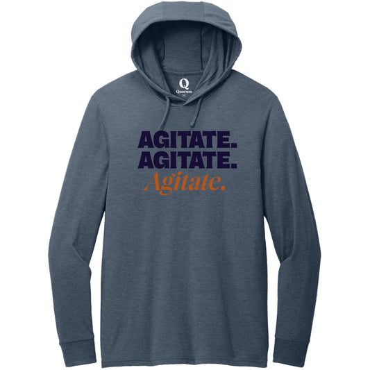 "Agitate. Agitate. Agitate." Quorum Tri-Blend Hoodie Tee front print in Rebel Blue