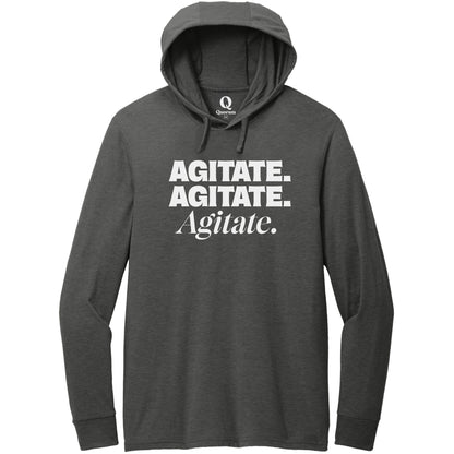 "Agitate. Agitate. Agitate." Quorum Tri-Blend Hoodie Tee editorial print in Space Black