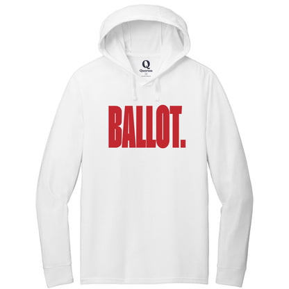 "Ballot." Quorum Tri-Blend Hoodie Tee front print in Bright White