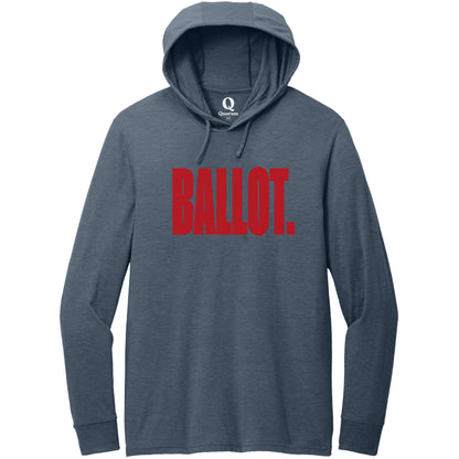 "Ballot." Quorum Tri-Blend Hoodie Tee front print in Rebel Blue