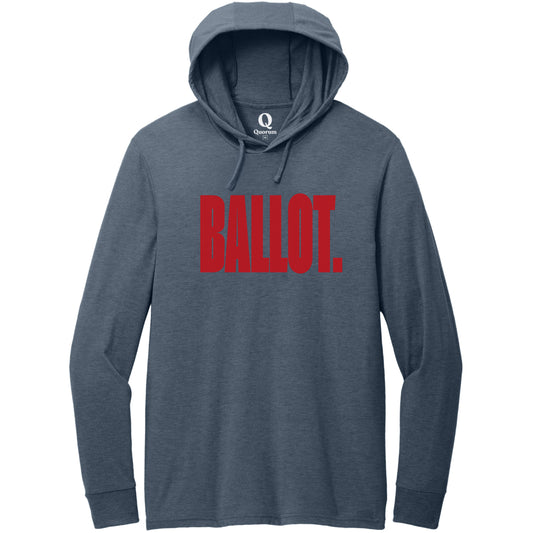 "Ballot." Quorum Tri-Blend Hoodie Tee front print in Rebel Blue