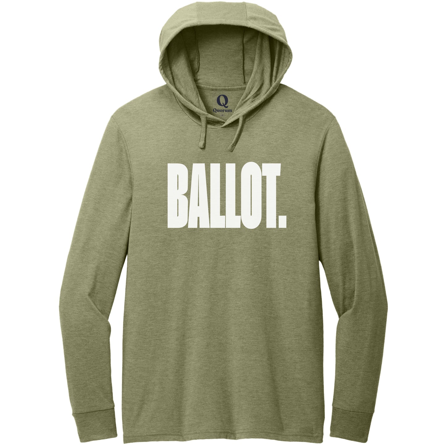 "Ballot." Quorum Tri-Blend Hoodie Tee editorial print in Olive You Green