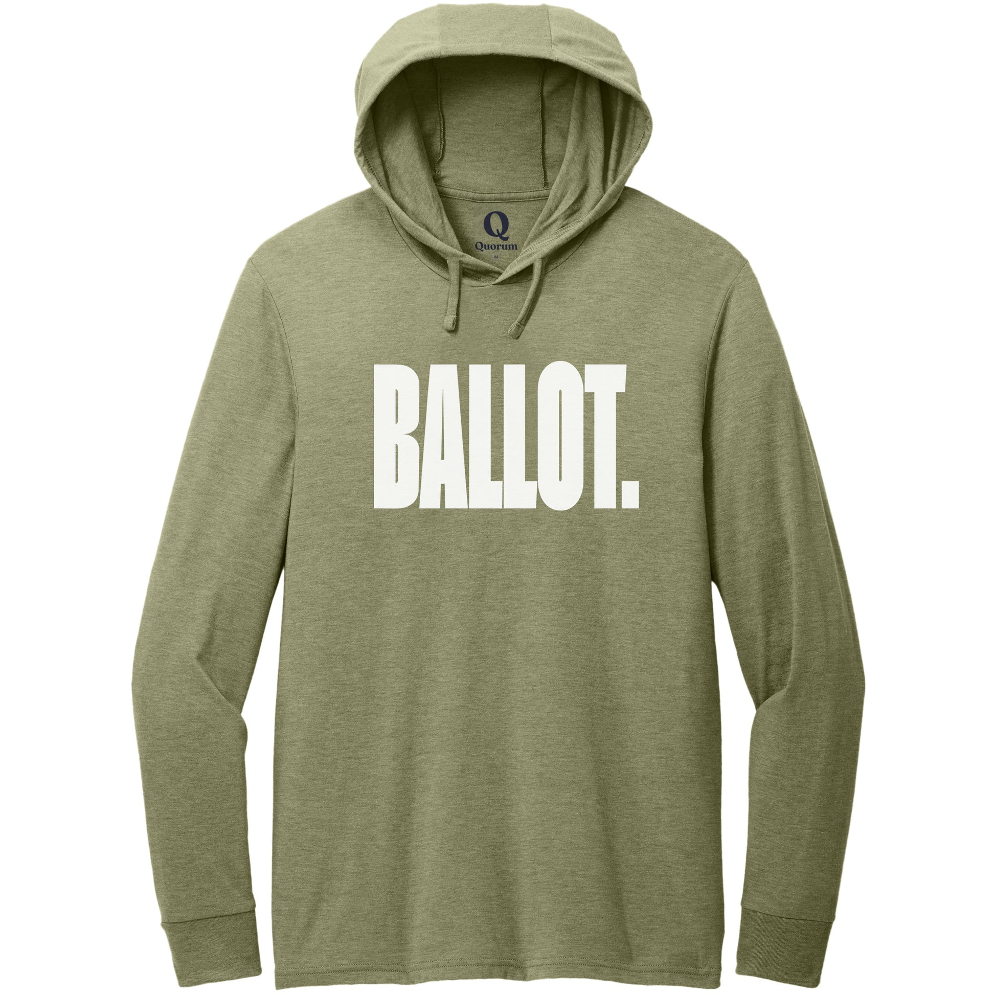 "Ballot." Quorum Tri-Blend Hoodie Tee editorial print in Olive You Green