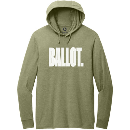 "Ballot." Quorum Tri-Blend Hoodie Tee editorial print in Olive You Green