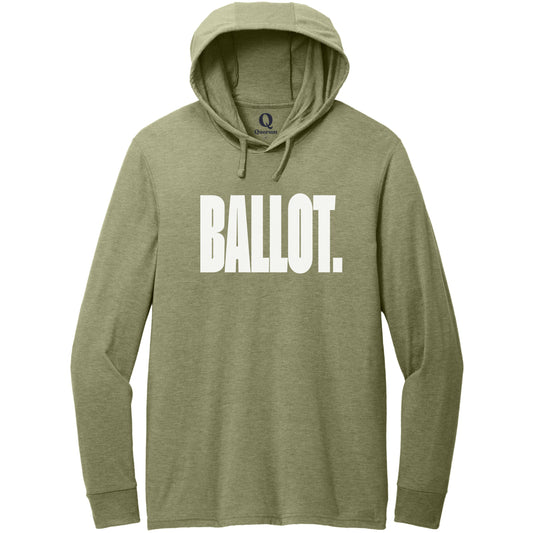"Ballot." Quorum Tri-Blend Hoodie Tee editorial print in Olive You Green