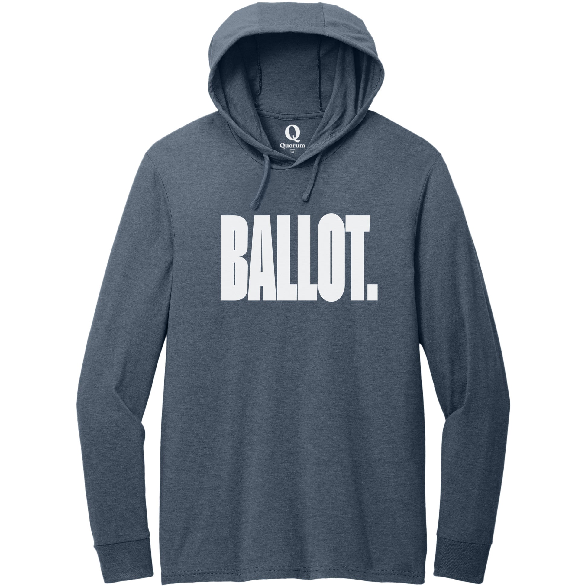 "Ballot." Quorum Tri-Blend Hoodie Tee editorial print in Rebel Blue
