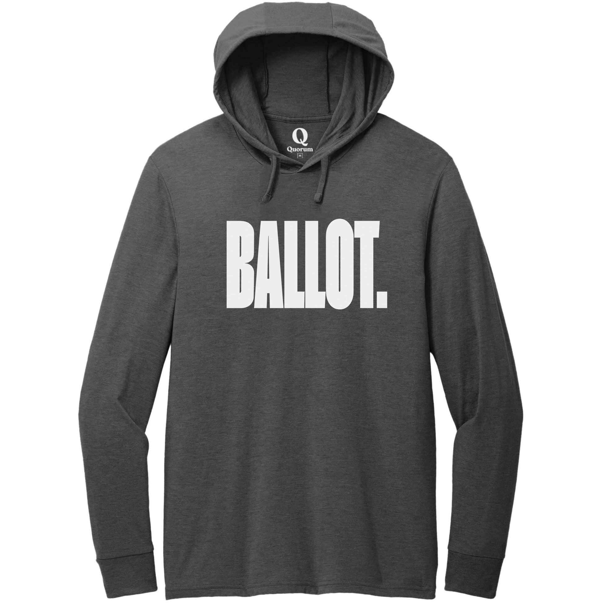 "Ballot." Quorum Tri-Blend Hoodie Tee editorial print in Space Black