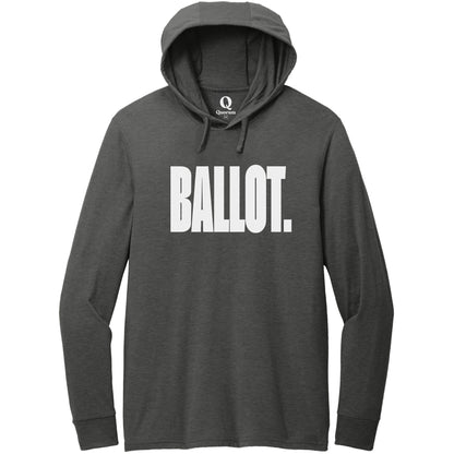 "Ballot." Quorum Tri-Blend Hoodie Tee editorial print in Space Black