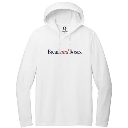 "Bread and Roses." Quorum Tri-Blend Hoodie Tee front print in Bright White