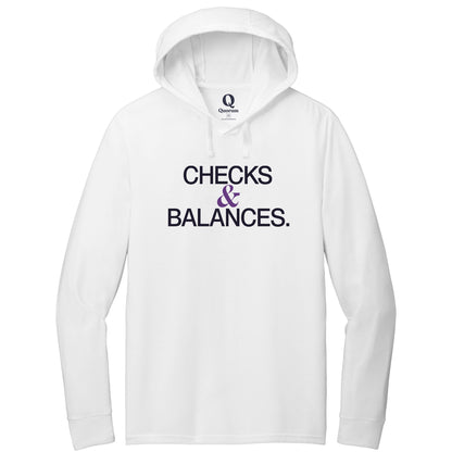 "Checks & Balances." Quorum Tri-Blend Hoodie Tee front print in Bright White