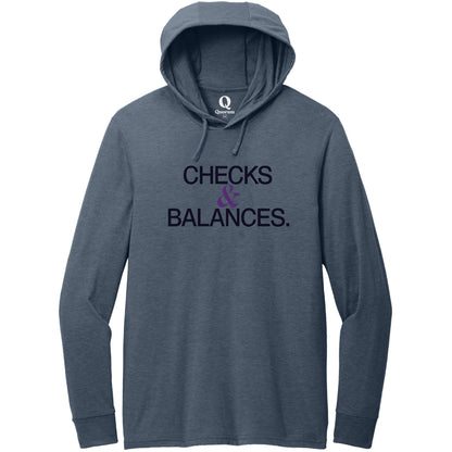 "Checks & Balances." Quorum Tri-Blend Hoodie Tee front print in Rebel Blue