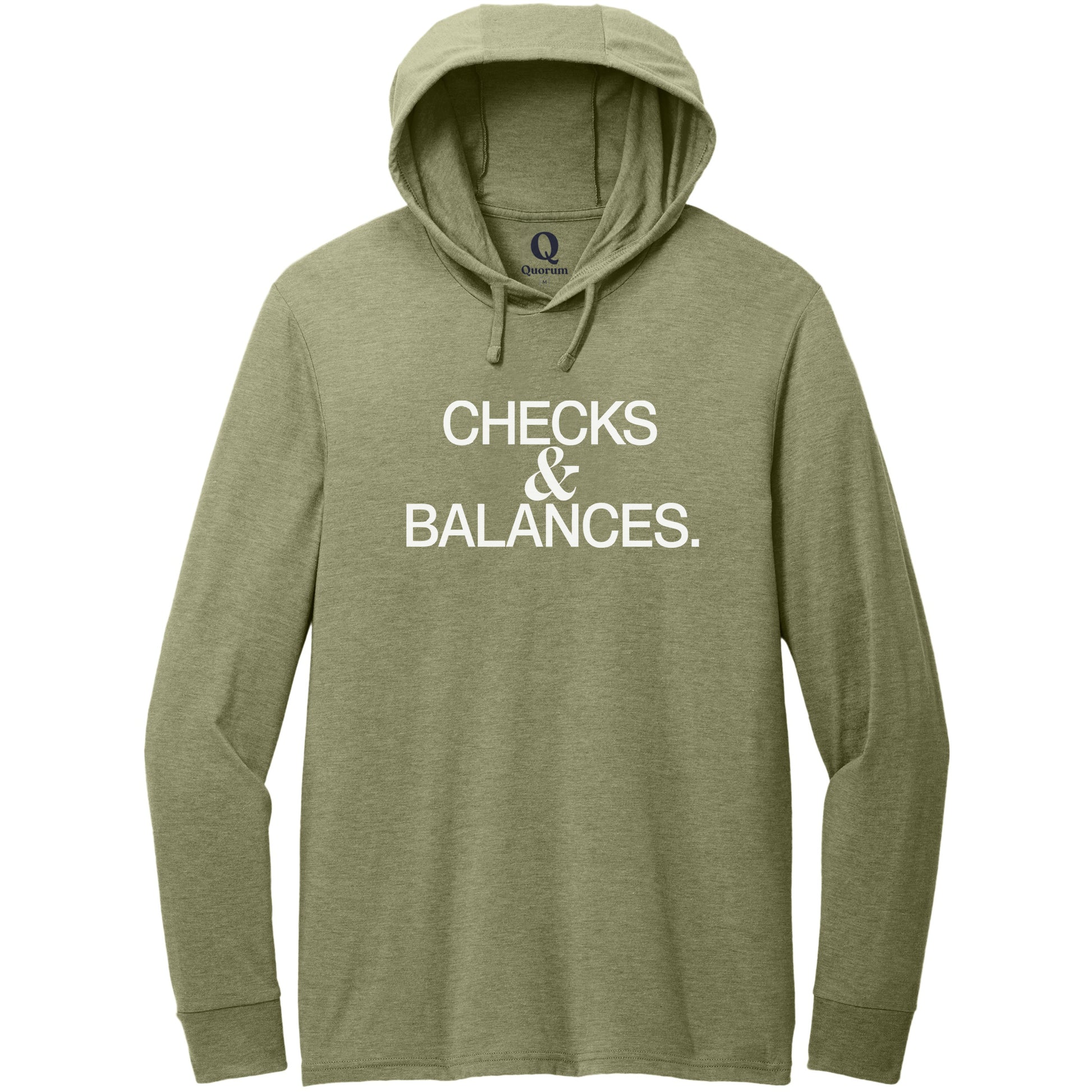 "Checks & Balances." Quorum Tri-Blend Hoodie Tee editorial print in Olive You Green