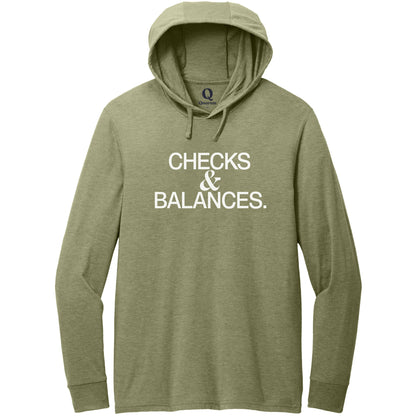 "Checks & Balances." Quorum Tri-Blend Hoodie Tee editorial print in Olive You Green