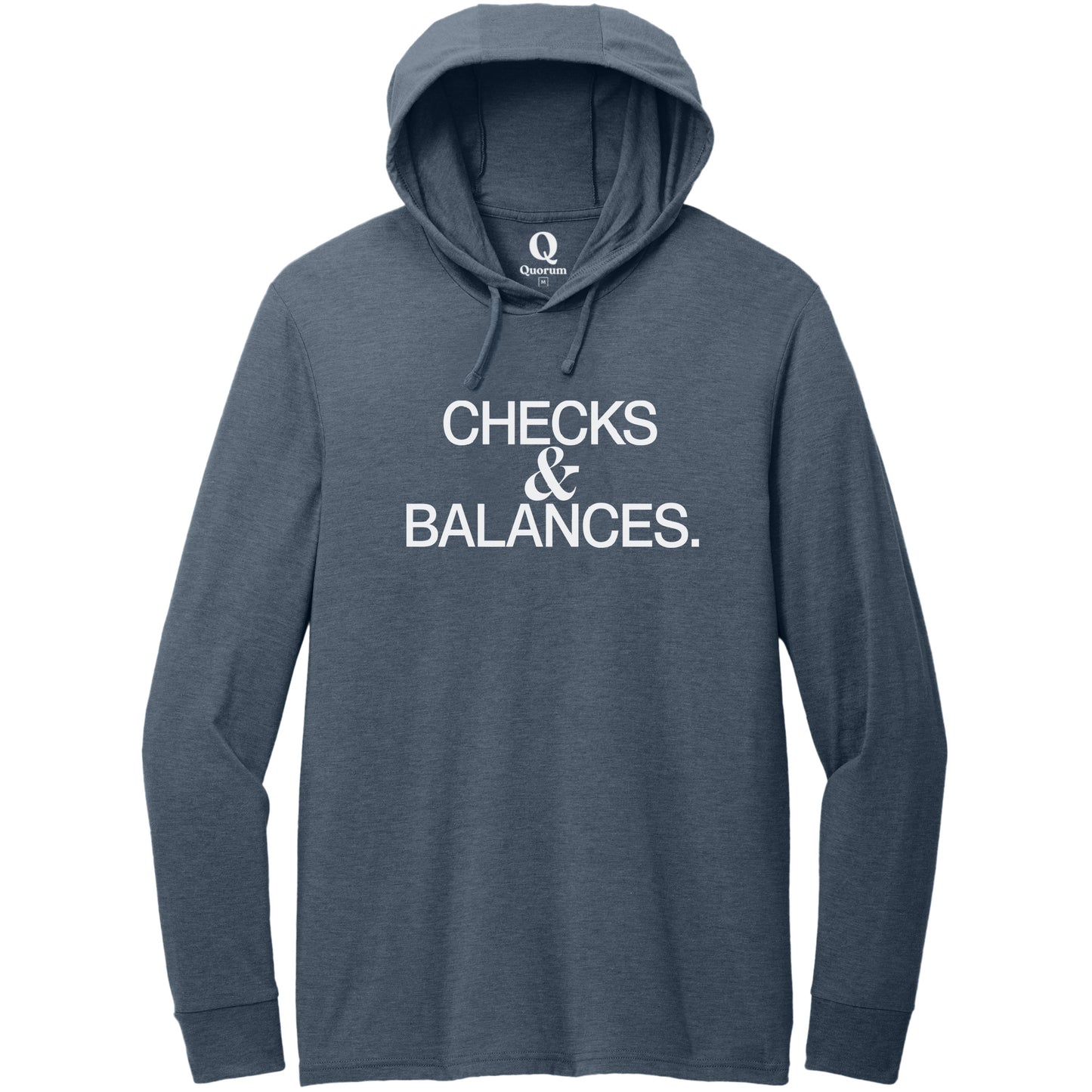 "Checks & Balances." Quorum Tri-Blend Hoodie Tee editorial print in Rebel Blue