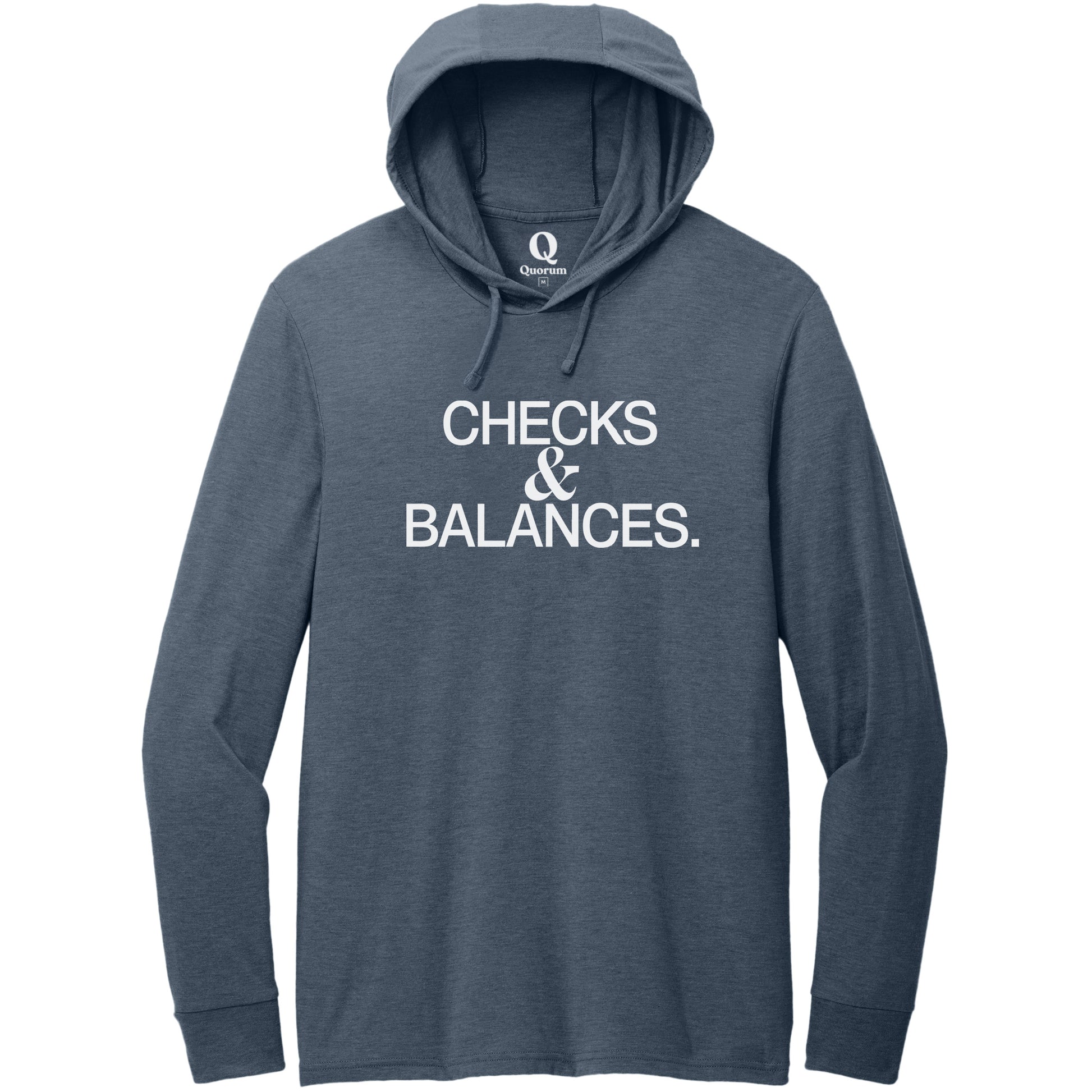 "Checks & Balances." Quorum Tri-Blend Hoodie Tee editorial print in Rebel Blue