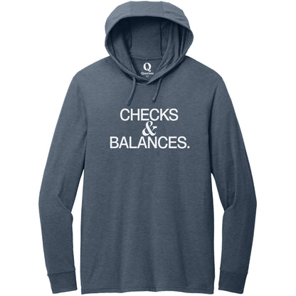"Checks & Balances." Quorum Tri-Blend Hoodie Tee editorial print in Rebel Blue