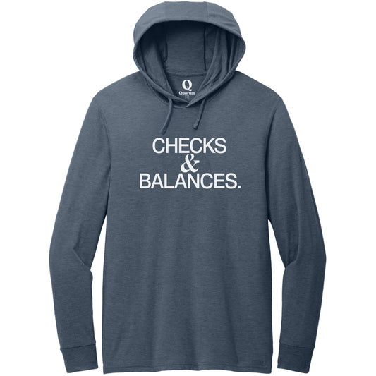 "Checks & Balances." Quorum Tri-Blend Hoodie Tee editorial print in Rebel Blue