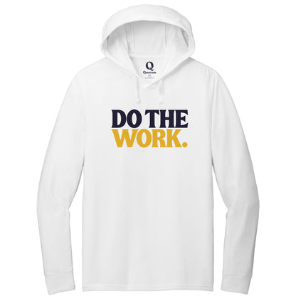 "Do the Work." Quorum Tri-Blend Hoodie Tee front print in Bright White