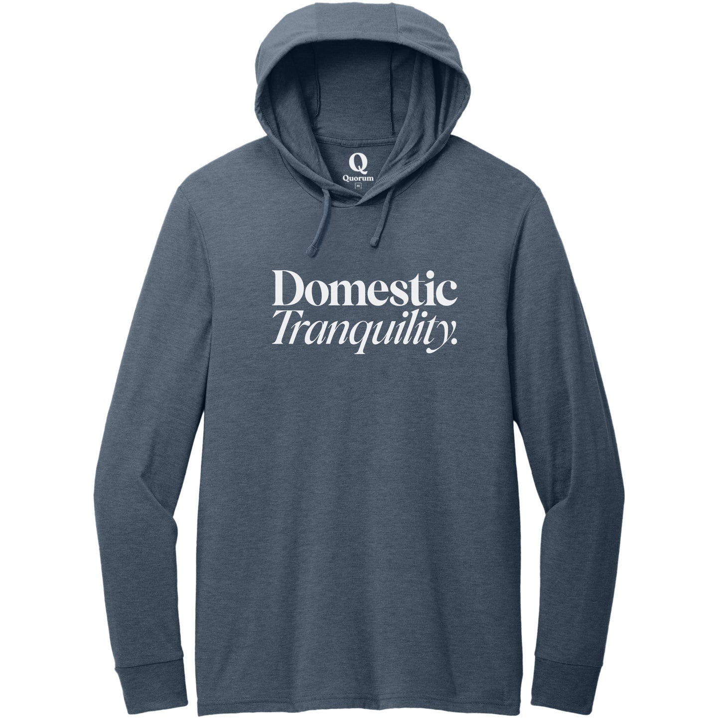 "Domestic Tranquility." Quorum Tri-Blend Hoodie Tee editorial print in Rebel Blue