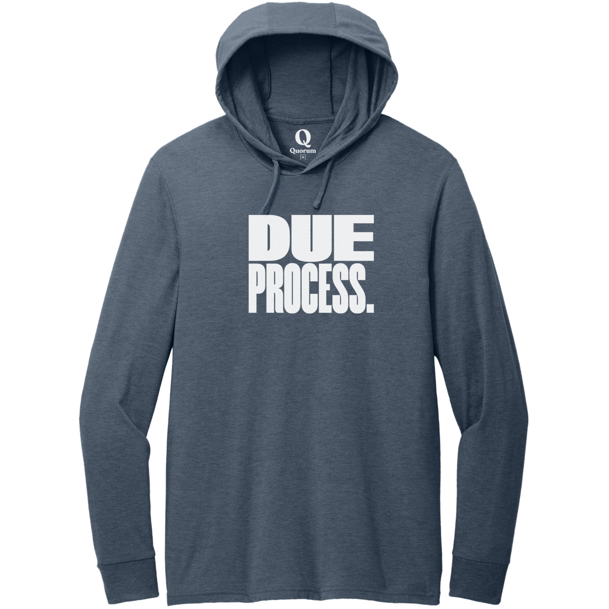 "Due Process." Quorum Tri-Blend Hoodie Tee editorial print in Rebel Blue