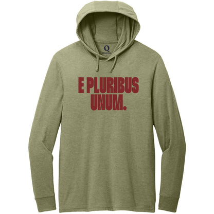 "E Pluribus Unum." Quorum Tri-Blend Hoodie Tee front print in Olive You Green