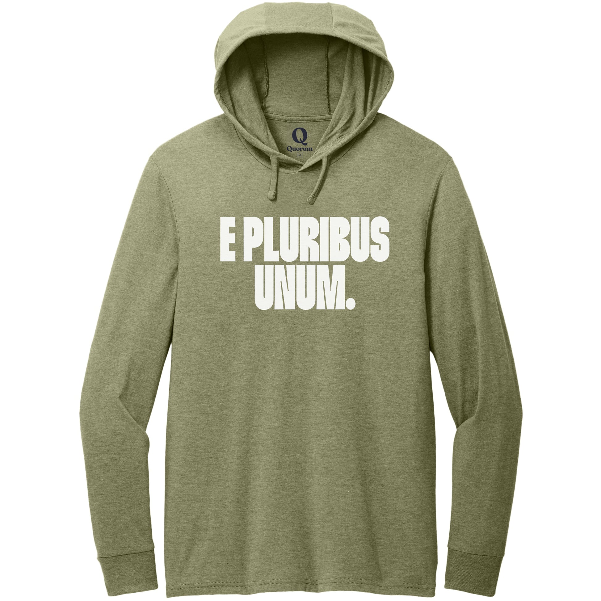 "E Pluribus Unum." Quorum Tri-Blend Hoodie Tee editorial print in Olive You Green