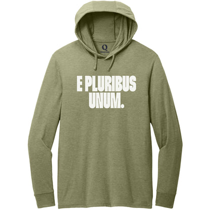 "E Pluribus Unum." Quorum Tri-Blend Hoodie Tee editorial print in Olive You Green