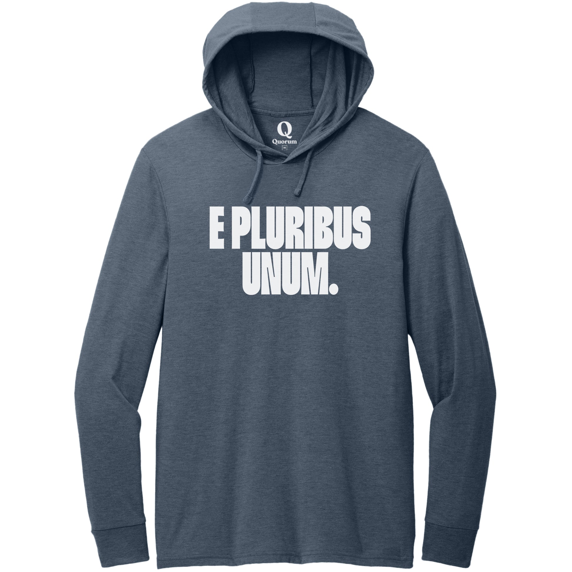 "E Pluribus Unum." Quorum Tri-Blend Hoodie Tee editorial print in Rebel Blue
