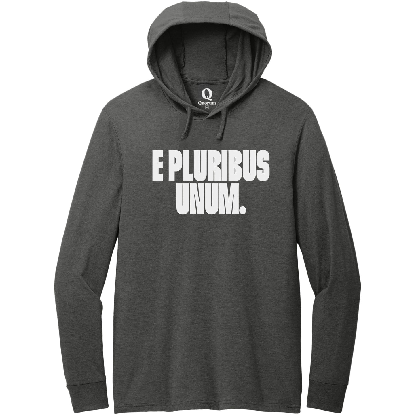 "E Pluribus Unum." Quorum Tri-Blend Hoodie Tee editorial print in Space Black