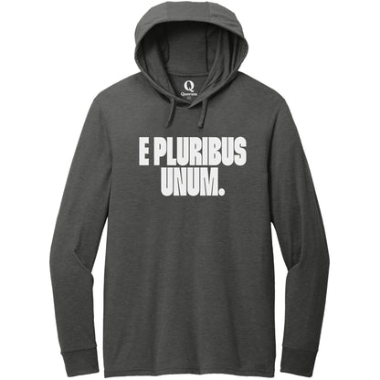 "E Pluribus Unum." Quorum Tri-Blend Hoodie Tee editorial print in Space Black