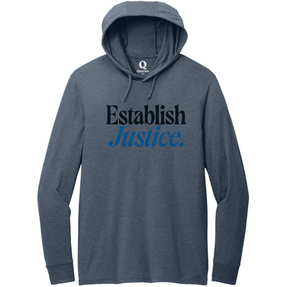 "Establish Justice." Quorum Tri-Blend Hoodie Tee front print in Rebel Blue