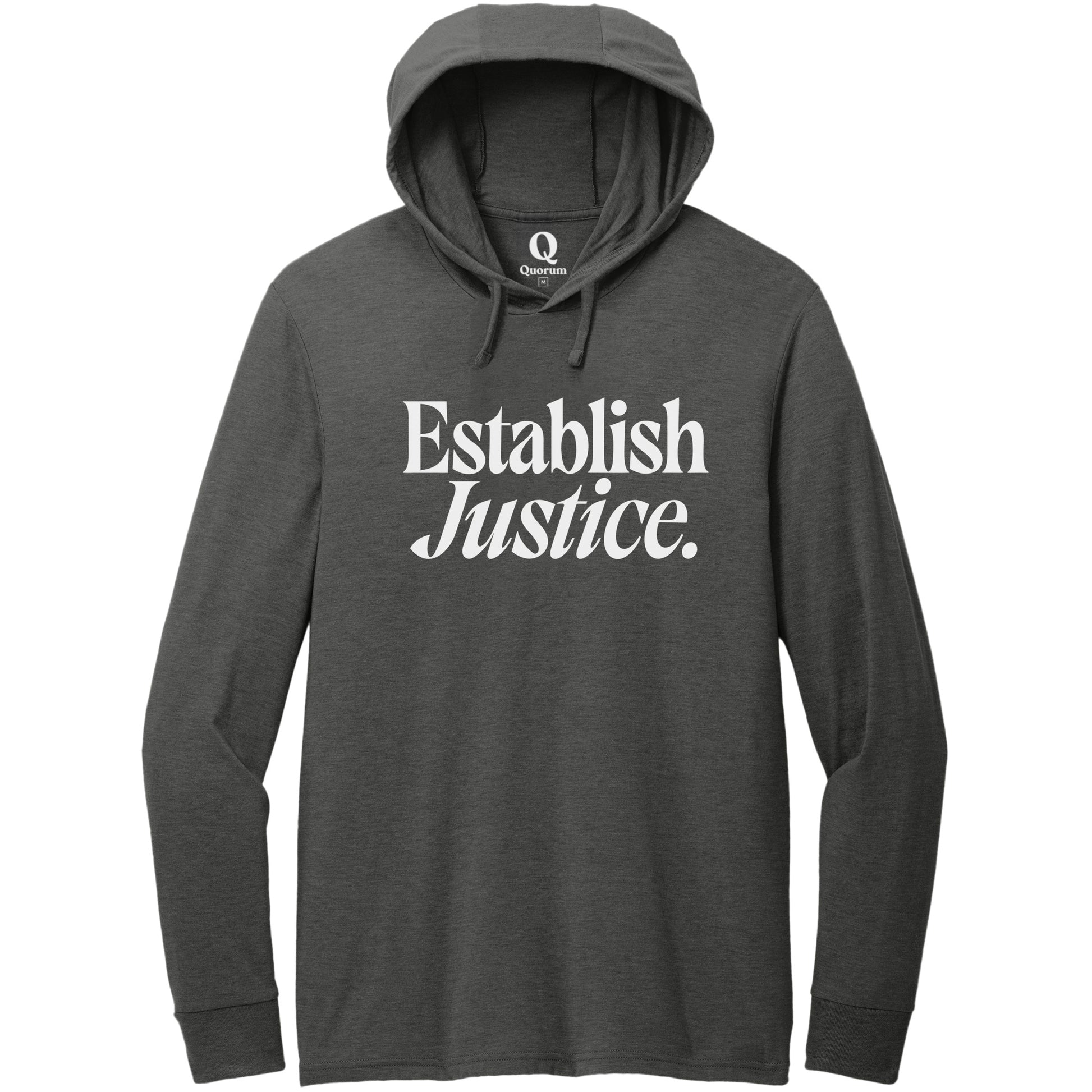 "Establish Justice." Quorum Tri-Blend Hoodie Tee editorial print in Space Black