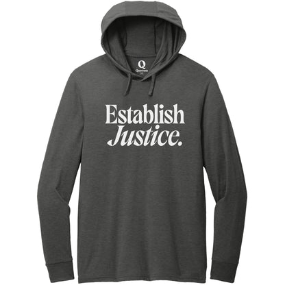 "Establish Justice." Quorum Tri-Blend Hoodie Tee editorial print in Space Black