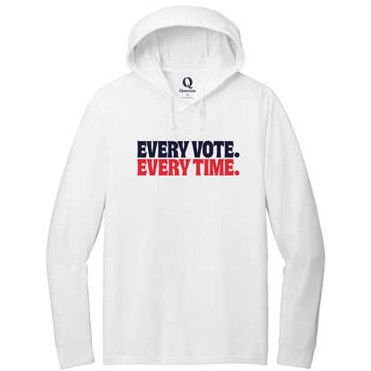 "Every Vote. Every Time." Quorum Tri-Blend Hoodie Tee front print in Bright White