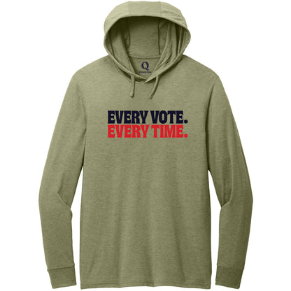 "Every Vote. Every Time." Quorum Tri-Blend Hoodie Tee front print in Olive You Green