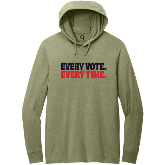 "Every Vote. Every Time." Quorum Tri-Blend Hoodie Tee front print in Olive You Green