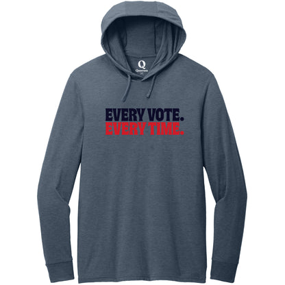 "Every Vote. Every Time." Quorum Tri-Blend Hoodie Tee front print in Rebel Blue