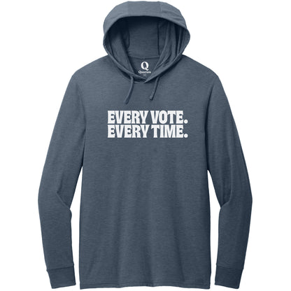 "Every Vote. Every Time." Quorum Tri-Blend Hoodie Tee editorial print in Rebel Blue