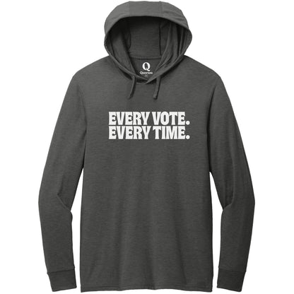 "Every Vote. Every Time." Quorum Tri-Blend Hoodie Tee editorial print in Space Black