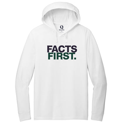 "Facts First." Quorum Tri-Blend Hoodie Tee front print in Bright White