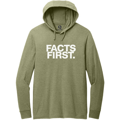 "Facts First." Quorum Tri-Blend Hoodie Tee editorial print in Olive You Green