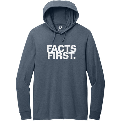 "Facts First." Quorum Tri-Blend Hoodie Tee editorial print in Rebel Blue