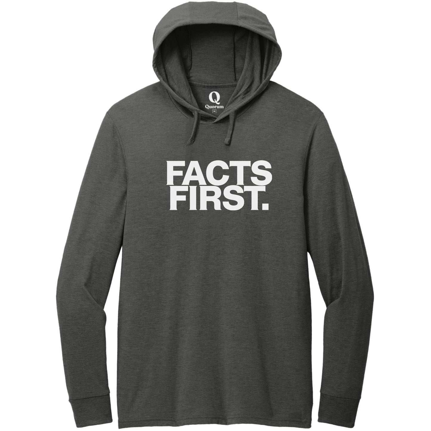 "Facts First." Quorum Tri-Blend Hoodie Tee editorial print in Space Black