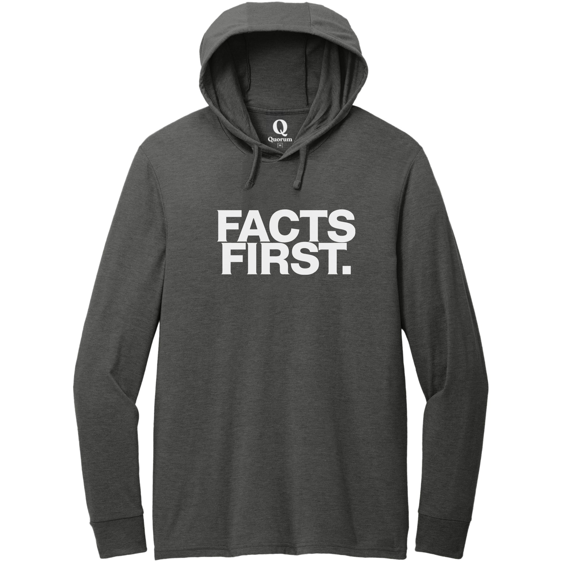 "Facts First." Quorum Tri-Blend Hoodie Tee editorial print in Space Black