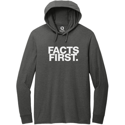 "Facts First." Quorum Tri-Blend Hoodie Tee editorial print in Space Black
