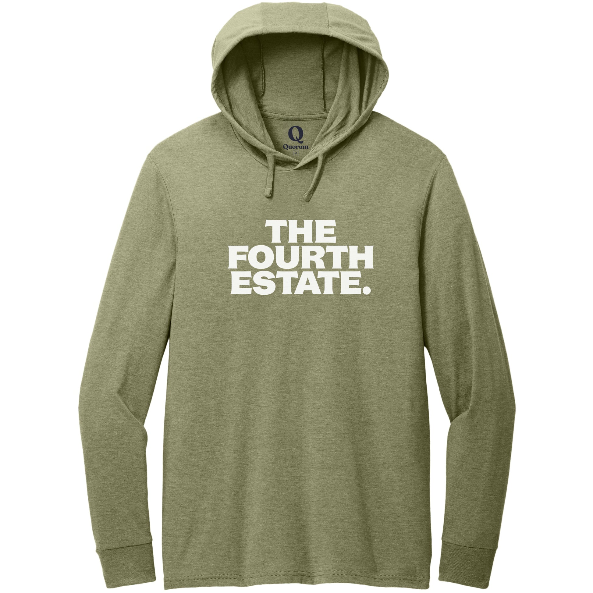 "The Fourth Estate." Quorum Tri-Blend Hoodie Tee editorial print in Olive You Green