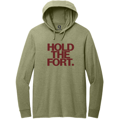 "Hold the Fort." Quorum Tri-Blend Hoodie Tee front print in Olive You Green
