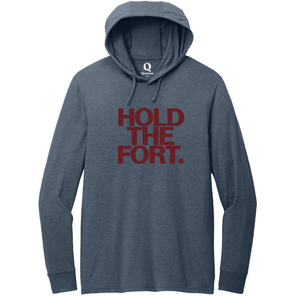 "Hold the Fort." Quorum Tri-Blend Hoodie Tee front print in Rebel Blue