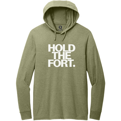 "Hold the Fort." Quorum Tri-Blend Hoodie Tee editorial print in Olive You Green