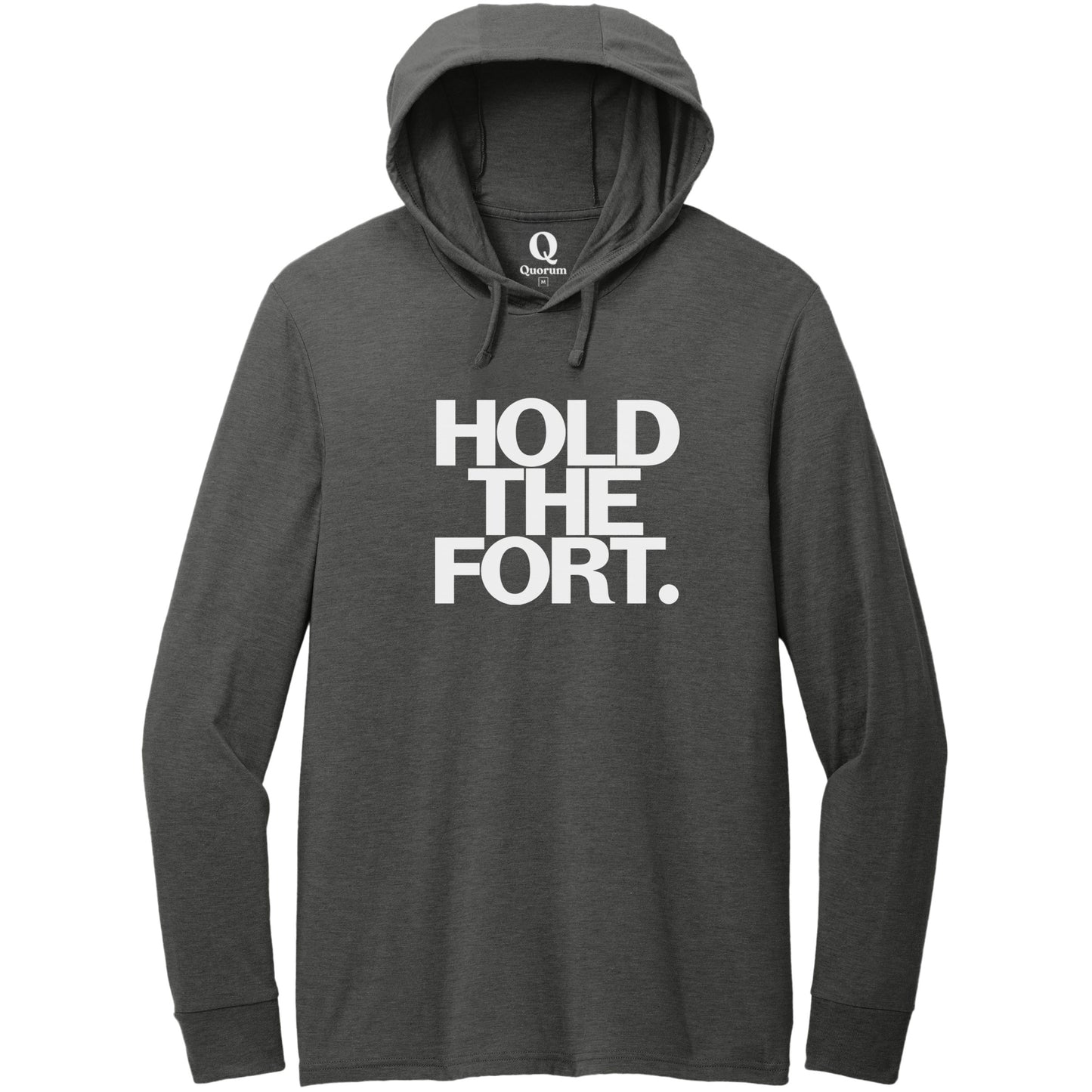 "Hold the Fort." Quorum Tri-Blend Hoodie Tee editorial print in Space Black